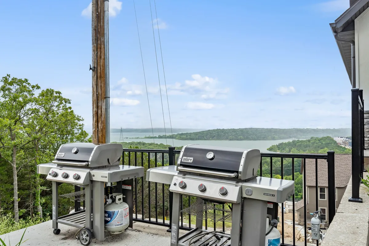 This image captures two outdoor grills set against a scenic lake backdrop and is surrounded by trees. The mood is relaxed and social, perfect for outdoor cooking, family gatherings, and enjoying meals with a view.