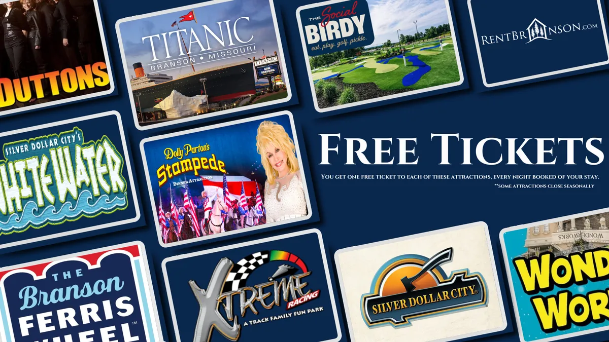 An interior shot featuring various attraction logos and the phrase 'Free Tickets.' The image conveys the excitement of exploring local entertainment, hinting at the range of activities—like Silver Dollar City and Branson Landing—available to guests.
